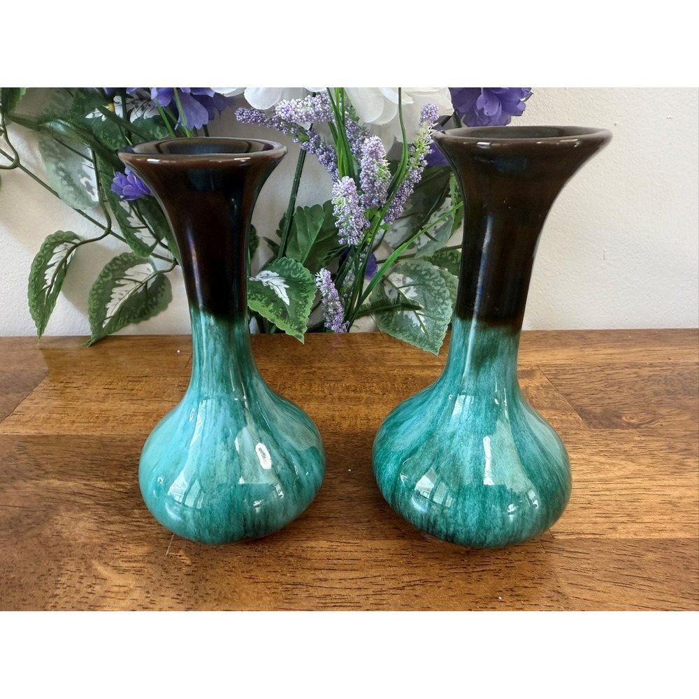 Blue Mountain Pottery Green Drip Glaze‎ Vases Vintage Canadian Art Decor